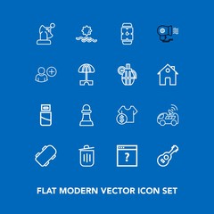 Modern, simple vector icon set on blue background with guitar, time, nature, game, unknown, web, sunrise, plug, computer, bin, communication, cable, usb, white, can, chessboard, space, horse icons