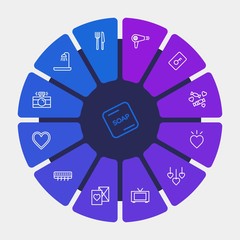 hotel, clothes, valentine Infographic Circle outline Icons Set. Contains such Icons as  photo,  tv,  card, key,  temperature, television,  white,  dinner,  home and more. Fully Editable. Pixel Perfect