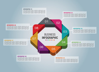 3D Infographic Template with 8 steps . Business 3D graph circle template with options for brochure, diagram, workflow, timeline, web design and marketing. Vector EPS 10