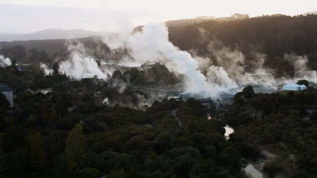 Drone shot of trees and steaming geysers at Te Puia, Rotorua