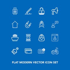 Modern, simple vector icon set on blue background with megaphone, internet, loud, open, technology, hot, finance, vehicle, unlock, pen, navigation, food, bag, satellite, luggage, hour, male, car icons