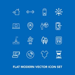 Modern, simple vector icon set on blue background with bodysuit, architecture, house, sport, phone, clock, landscape, rent, technology, hotel, arrow, fashion, call, camera, hourglass, web, girl icons