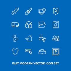 Modern, simple vector icon set on blue background with internet, profile, medieval, team, staff, glasses, makeup, model, sword, computer, warning, beauty, home, cute, knight, protection, monitor icons