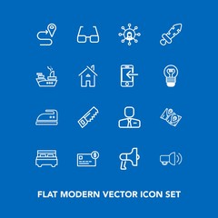 Modern, simple vector icon set on blue background with business, iron, technology, sword, card, balance, map, domestic, communication, white, weapon, housework, eye, employee, navigation, people icons