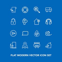 Modern, simple vector icon set on blue background with estate, petrol, ring, property, gas, inflatable, email, watch, nature, spy, electrical, message, house, home, oil, environment, key, talk icons