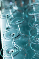 many clean wineglasses in bar, professional equipment , relax time, shiny wineglasses for catering food, kitchenware supply shop products