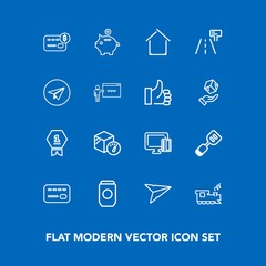Modern, simple vector icon set on blue background with investment, spatula, travel, sign, bank, balance, finance, money, building, kitchen, architecture, shopping, tool, metal, can, tin, award icons