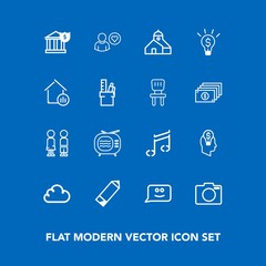 Modern, simple vector icon set on blue background with office, pencil, video, boy, tv, online, television, chair, pen, lens, idea, technology, antenna, work, bank, stationery, profile, business icons