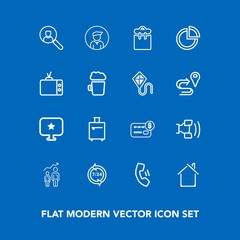 Modern, simple vector icon set on blue background with telephone, account, money, mobile, call, architecture, development, cell, bag, suitcase, personal, building, person, home, house, estate icons