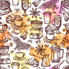 Coffee Attributes Hand Drawn Seamless Pattrn. Coffee Sketch Background With Splashes And Blots