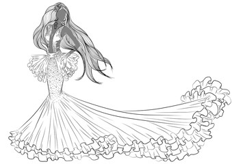 Vector illustration of a silhouette of a girl in a long evening dress with long hair. Line art isolated on white background. Coloring book page