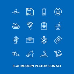 Modern, simple vector icon set on blue background with house, arrow, computer, diskette, unlock, lock, east, security, hotel, surf, technology, south, surfing, travel, falling, web, open, key icons