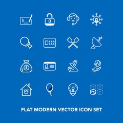 Modern, simple vector icon set on blue background with sign, replacement, financial, name, road, money, balloon, identification, finance, house, cardboard, building, map, identity, cargo, pen icons