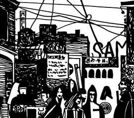 The city and people crowd modern lifestyle hand drawn