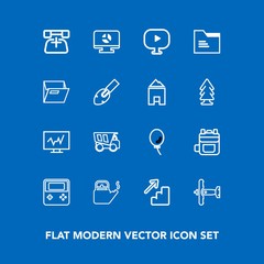 Modern, simple vector icon set on blue background with kettle, holiday, communication, leather, phone, business, vehicle, celebration, water, backpack, tipper, technology, truck, chart, call, up icons