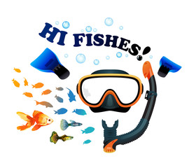 mask with snorkel and fins for snorkeling on white background with fish