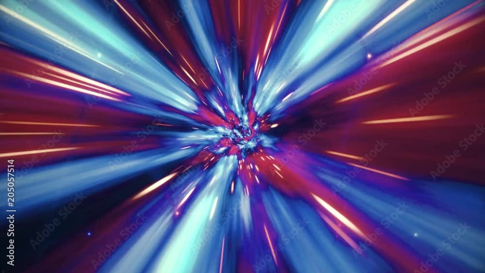 Wall mural seamless loop of interstellar travel through a blue and red wormhole filled with stars. space journe