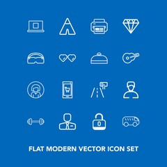 Modern, simple vector icon set on blue background with sport, mobile, left, move, boy, woman, man, printer, male, technology, job, highway, traffic, people, internet, profile, gym, tent, unlock icons