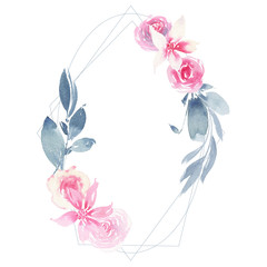 Watercolor geometric wreath with flower pink rose and indigo leaves