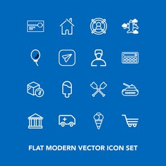 Modern, simple vector icon set on blue background with gun, tape, trolley, weight, panzer, paddle, europe, car, package, home, ambulance, rescue, ball, building, greece, ice, water, music, audio icons