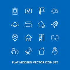 Modern, simple vector icon set on blue background with nation, record, tool, gramophone, chat, hygiene, home, health, vintage, ball, national, sunglasses, house, sport, parachute, pin, glasses icons