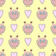 Cute vector seamless pattern with owls and heart on yellow background.