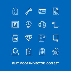 Fototapeta na wymiar Modern, simple vector icon set on blue background with support, identification, business, identity, tick, scary, library, checklist, landmark, tin, diamond, door, encyclopedia, horror, container icons