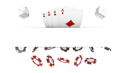 Casino red and black chips and cards isolated on white realistic vector 3d objects. Online casino banner with place for text. Realistic poker chips dice and cards in the air. Gambling concept