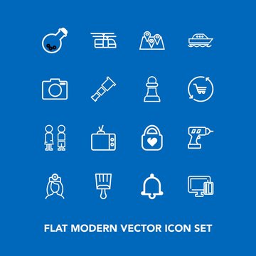 Modern, simple vector icon set on blue background with healthcare, notification, video, train, sky, fashion, rail, drill, payment, location, girl, object, paint, doctor, shopping, white, medical icons