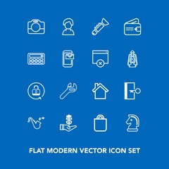 Modern, simple vector icon set on blue background with growth, telephone, life, tree, cell, tool, horse, mobile, escape, female, present, video, jazz, equipment, human, bugle, unlock, technology icons