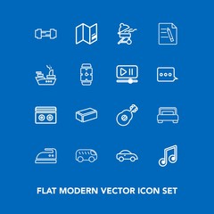 Modern, simple vector icon set on blue background with move, travel, taxi, direction, fitness, map, note, paper, bedroom, transport, material, vehicle, iron, exercise, left, workout, ironing icons