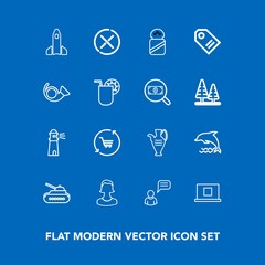 Modern, simple vector icon set on blue background with gun, water, dolphin, cart, rocket, retail, shop, shuttle, no, ocean, war, animal, white, decoration, sign, person, chat, pottery, launch icons