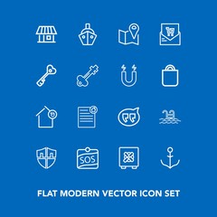 Modern, simple vector icon set on blue background with vessel, protection, contract, real, building, protect, sos, wheel, blue, sign, document, landlord, estate, security, sea, water, house, map icons