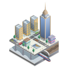 vector isometric city with metro, stores and street elements. 3D buildings