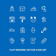 Modern, simple vector icon set on blue background with kitchen, transportation, road, bathroom, touch, price, sale, garbage, utensil, music, tool, care, rubbish, restroom, box, tag, shipping, wc icons