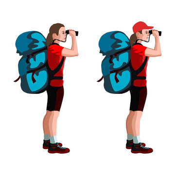 Isolated figure of a hiker girl looking through binoculars