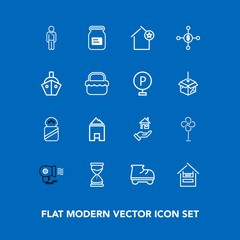 Modern, simple vector icon set on blue background with vessel, white, male, air, house, home, ventilator, leisure, hair, business, store, man, hourglass, food, finance, cooler, spice, clock, boy icons
