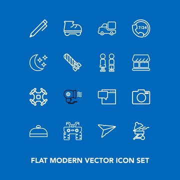 Modern, simple vector icon set on blue background with trip, atv, travel, barbecue, luggage, speech, beautiful, lens, vehicle, leisure, transportation, message, cooking, dirt, equipment, pen icons