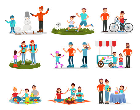 Flat vector set of parents with kids in different actions. Family leisure. Active outdoor recreation. Birthday celebration