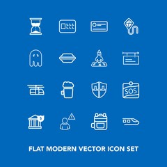 Modern, simple vector icon set on blue background with rucksack, summer, sos, banking, drink, network, label, train, hourglass, fun, lock, protect, business, travel, transport, rail, alarm, kite icons