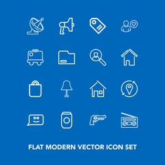 Modern, simple vector icon set on blue background with gift, aluminum, weapon, sound, people, tin, speaker, sign, estate, smile, communication, satellite, handgun, building, radio, price, bag icons