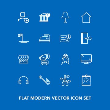 Modern, simple vector icon set on blue background with digital, medical, care, screen, doctor, delete, gramophone, photo, lamp, record, account, music, display, retro, nurse, blank, rod, sound icons