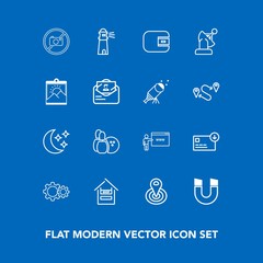 Modern, simple vector icon set on blue background with money, supermarket, finance, sky, food, location, night, forbidden, customer, cycle, pole, bag, store, cash, sign, purse, business, wallet icons