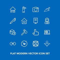 Modern, simple vector icon set on blue background with home, architecture, business, package, internet, trolley, screwdriver, water, retail, lighthouse, workout, gym, pointer, construction, tool icons