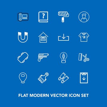 Modern, simple vector icon set on blue background with glasses, vision, pistol, handgun, white, internet, roll, book, fashion, male, paint, search, skateboard, stationary, web, graphic, skater icons