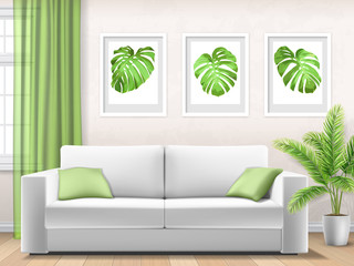 Modern interior of living room with window, white sofa and palm tree leaves in pot. Vector 3d realistic style.