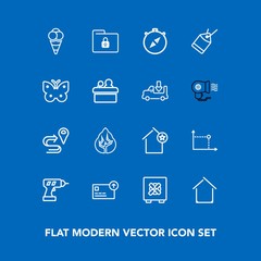 Modern, simple vector icon set on blue background with machine, south, security, cream, environment, favorite, equipment, estate, hand, folder, money, dessert, direction, ice, safe, tree, ball icons
