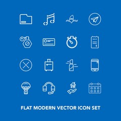 Modern, simple vector icon set on blue background with surfer, sky, microphone, time, schedule, extreme, suitcase, trip, parachuting, timetable, cell, surfing, travel, beauty, paper, music, call icons