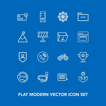 Modern, simple vector icon set on blue background with water, anchor, cold, cycle, call, document, bicycle, mask, boat, summer, drink, operator, money, snorkel, ship, phone, award, nautical, win icons