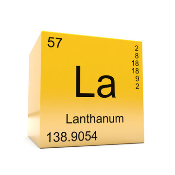 Lanthanum chemical element symbol from the periodic table displayed on glossy yellow cube